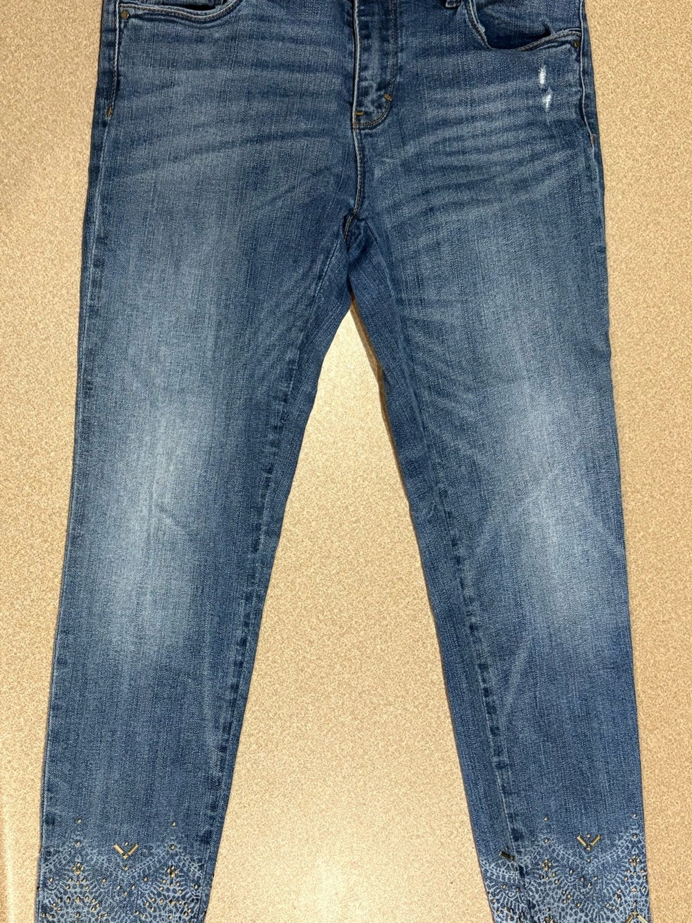 White House Black Market Women's Skinny Jeans in Medium Blue with Hem Embroidery